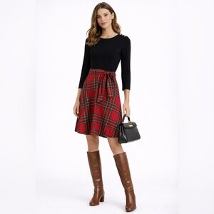 Hope & Henry Plaid Skirt Dress Black Knit Top Red Tartan Tie Waist Size 6
